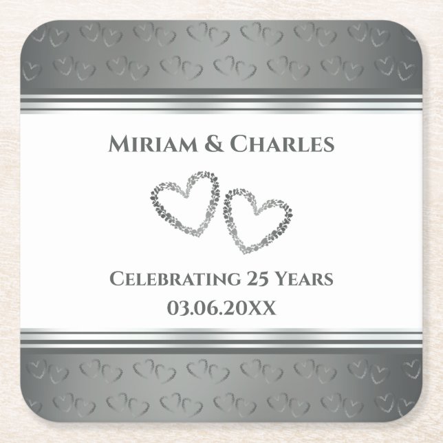 Elegant Modern Custom Silver 25th Anniversary Square Paper Coaster (Front)