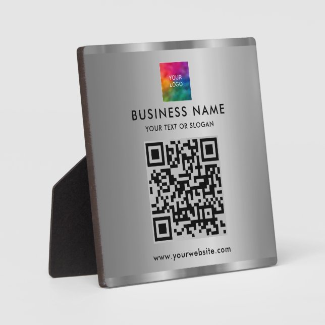 Elegant Modern Custom Text Logo QR Code Silver Plaque (Front)