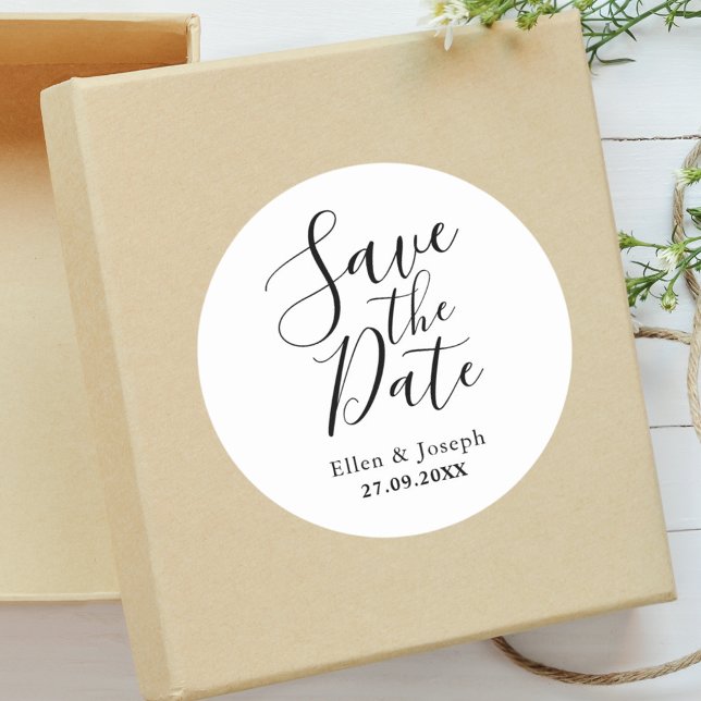 Elegant Modern Customised Save The Date Wedding Classic Round Sticker (Creator Uploaded)