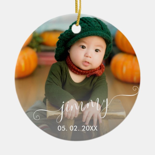 Elegant modern cute custom boy name & photo ceramic ornament (Front)