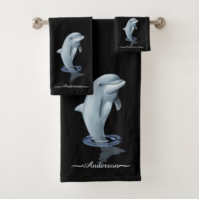 Elegant Modern Cute Dolphin & Script on Black Bath Towel Set (Insitu)