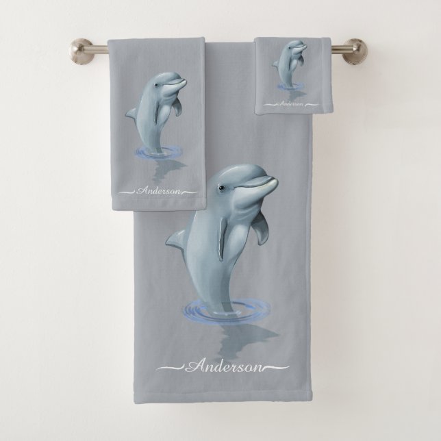 Elegant Modern Cute Dolphin & Script on Light Grey Bath Towel Set (Insitu)