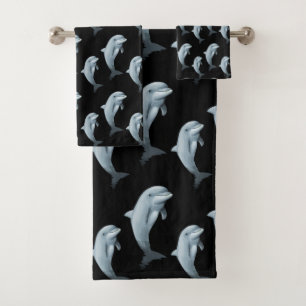Elegant Modern Cute Dolphins on Black Bath Towel Set