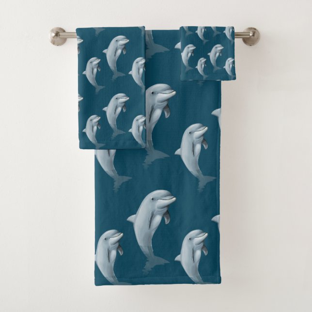 Elegant Modern Cute Dolphins on Ocean Blue Bath Towel Set (Insitu)