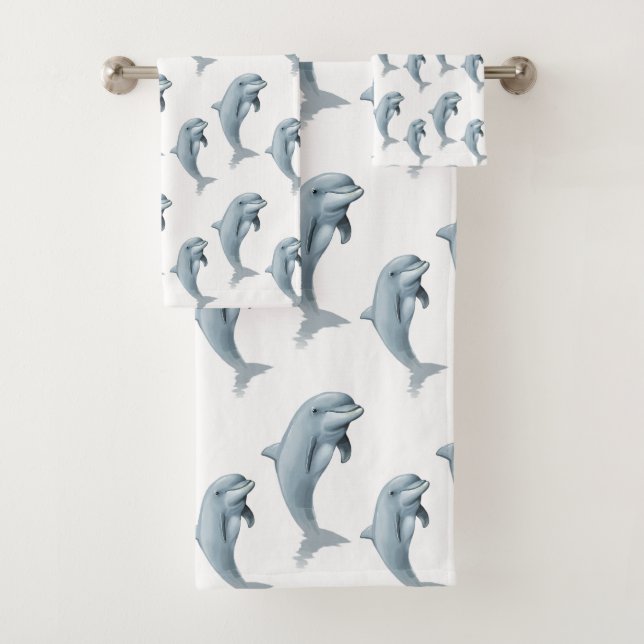 Elegant Modern Cute Dolphins on White Bath Towel Set (Insitu)