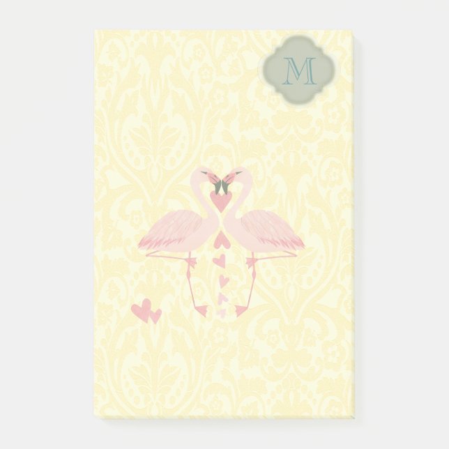 Elegant modern cute flamingos damask  monogram post-it notes (Front)