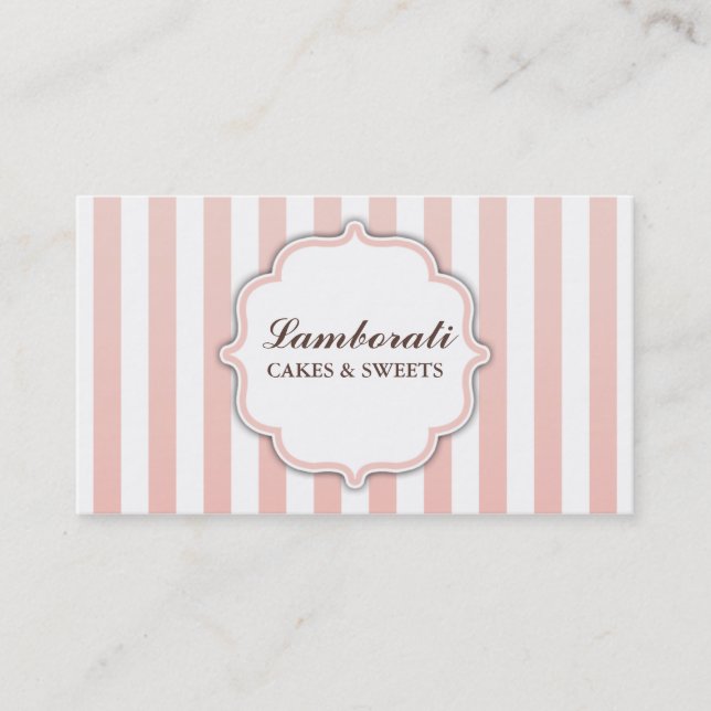 Elegant Modern Cute Pink and White Stripes Business Card (Front)