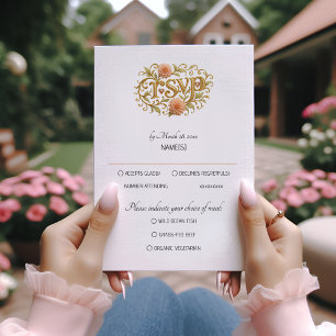 Elegant Modern Dahlias Golden Script Wedding Photo RSVP Card