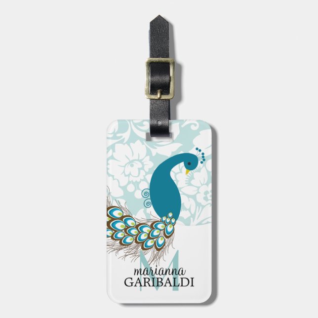 Elegant Modern Damask Peacock Personalised Luggage Tag (Front Vertical)