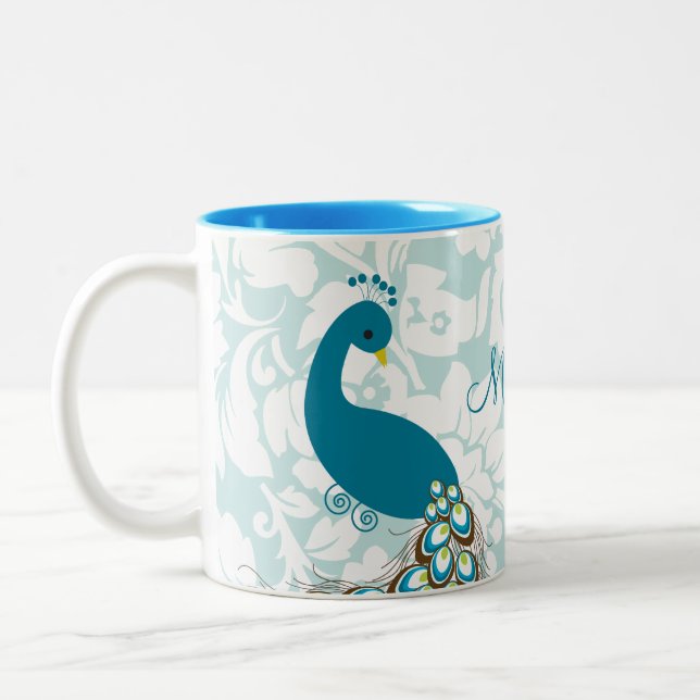 Elegant Modern Damask Peacock Personalised Two-Tone Coffee Mug (Left)