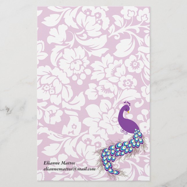 Elegant Modern Damask Purple Peacock Personalised Stationery (Front)