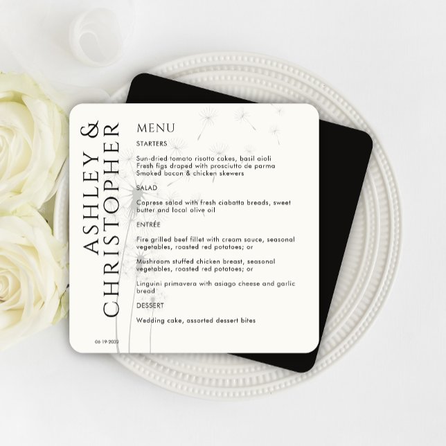 Elegant Modern Dandelion Smoke Black Wedding Menu (Creator Uploaded)