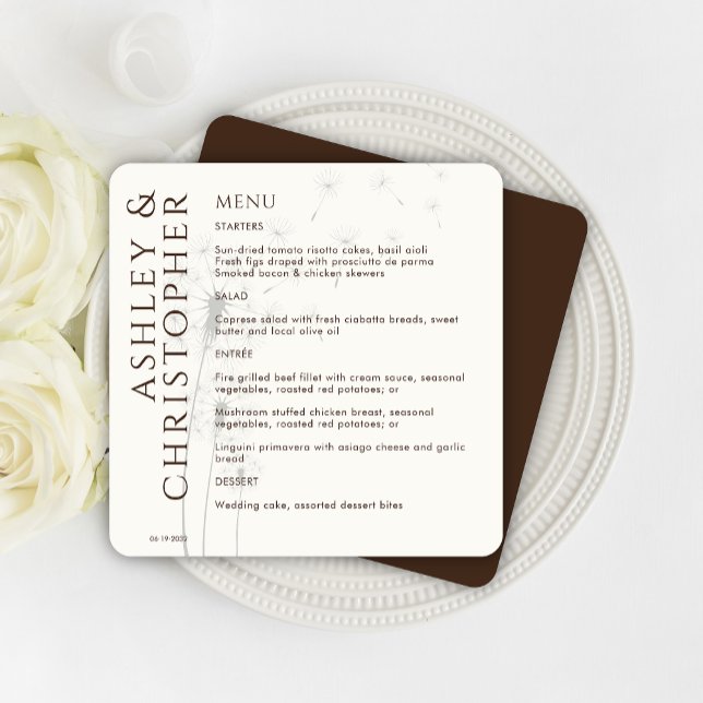 Elegant Modern Dandelion Walnut Brown Wedding Menu (Creator Uploaded)