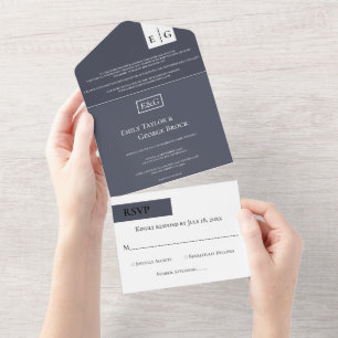 Elegant Modern Dark Blue Monogram Minimal Wedding All In One Invitation
