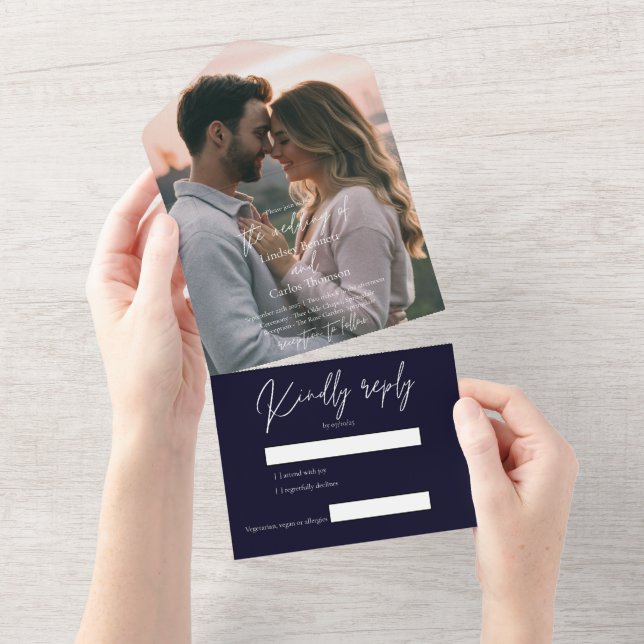 Elegant modern dark navy wedding photo with RSVP All In One Invitation (Tearaway)