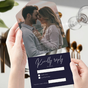 Elegant modern dark navy wedding photo with RSVP All In One Invitation