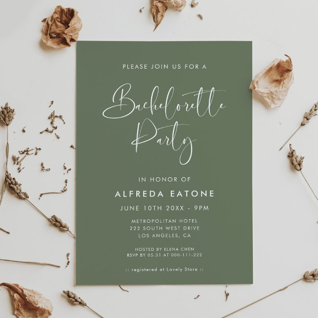 Elegant modern dark sage green Bachelorette Party Invitation (Creator Uploaded)