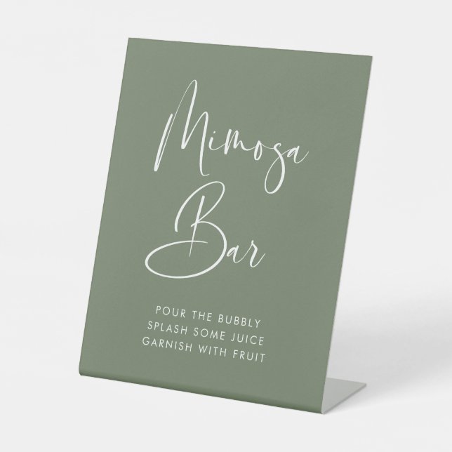 Elegant Modern Dark Sage Green wedding Mimosa bar Pedestal Sign (Front)