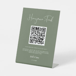 Elegant & modern Dark sage Honeymoon fund QR code Pedestal Sign
