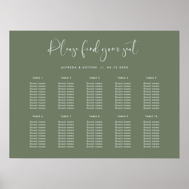 Elegant & Modern Dark Sage Wedding seating chart (Front)