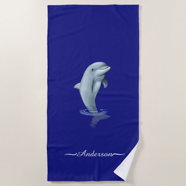 Elegant Modern Dolphin & Script on Navy Blue Beach Towel (Front)