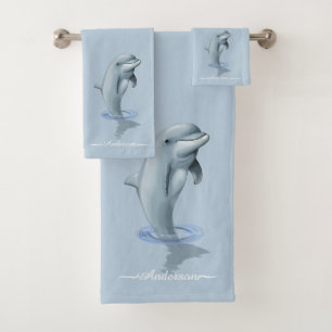 Elegant Modern Dolphin & Script on Wondrous Blue Bath Towel Set