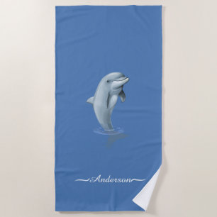 Elegant Modern Dolphin & Script on Wondrous Blue Beach Towel
