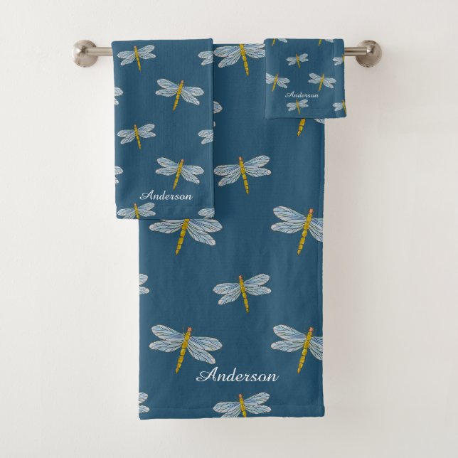 Elegant Modern Dragonflies and Script on Teal Bath Towel Set (Insitu)