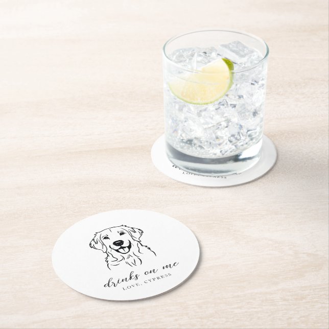 Elegant Modern Drinks on Me Dog Wedding Round Paper Coaster (Insitu)