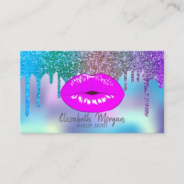 Elegant Modern Drips Holographic Lips Makeup Business Card (Front)