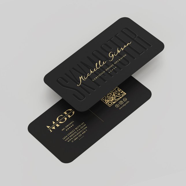 Elegant Modern Drone Operator Pilot Monogram Black Business Card (Elegant Modern Drone Operator Pilot Monogram Black Business Card
)