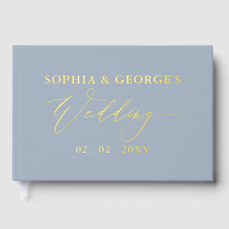 Elegant Modern Dusty Blue and Gold Wedding Guest Book