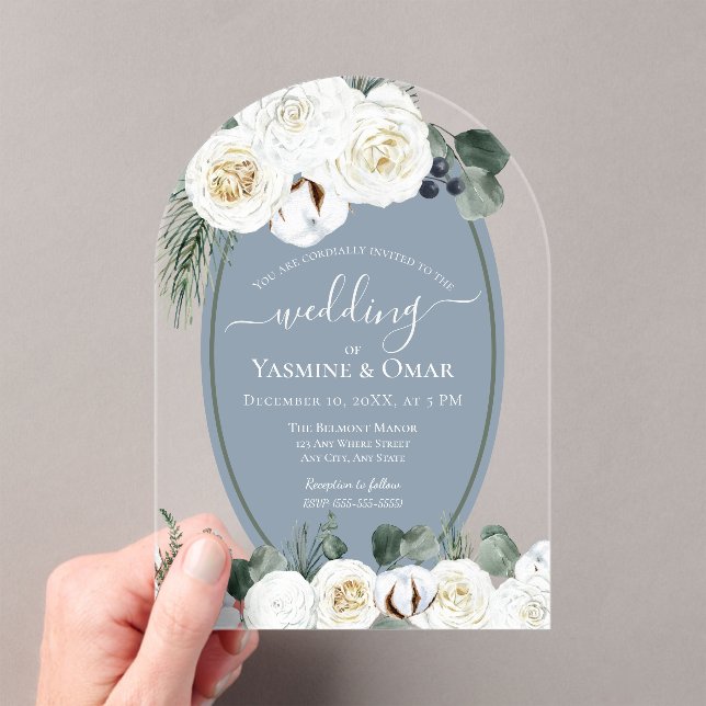 Elegant Modern Dusty Blue and Sage Green Wedding Acrylic Invitations (Insitu (Handheld))