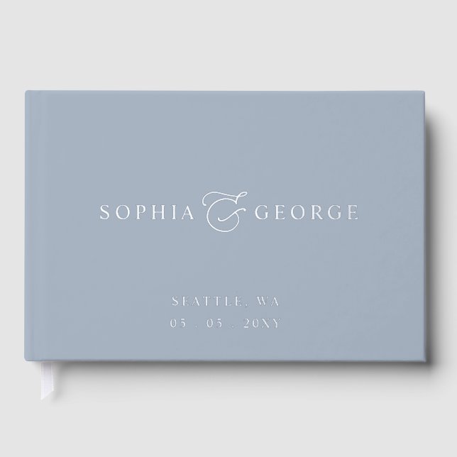 Elegant Modern Dusty Blue and Silver Wedding Guest Book (Front)
