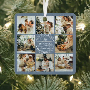 Elegant Modern Dusty Blue Family Photo Collage Metal Tree Decoration