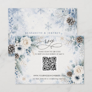 Elegant Modern Dusty Blue Floral Winter QR CODE RSVP Card