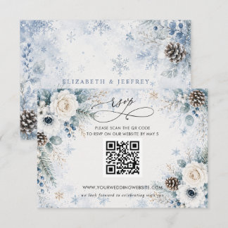 Elegant Modern Dusty Blue Floral Winter QR CODE RSVP Card