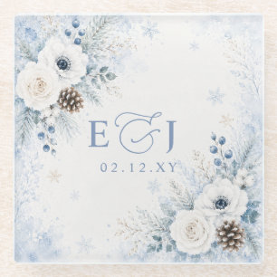 Elegant Modern Dusty Blue Floral Winter Wedding  Glass Coaster