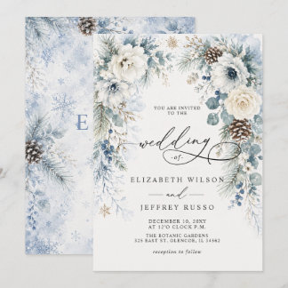 Elegant Modern Dusty Blue Floral Winter Wedding Invitation