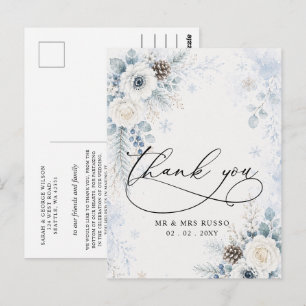 Elegant Modern Dusty Blue Floral Winter Wedding Postcard