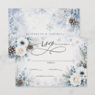 Elegant Modern Dusty Blue Floral Winter Wedding  RSVP Card