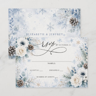 Elegant Modern Dusty Blue Floral Winter Wedding  RSVP Card