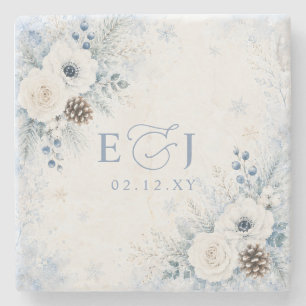 Elegant Modern Dusty Blue Floral Winter Wedding  Stone Coaster