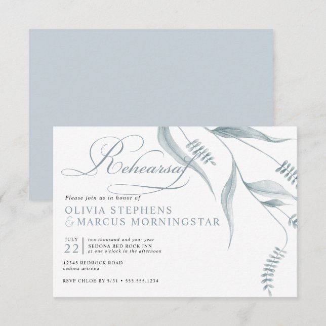 Elegant Modern Dusty Blue Foliage Invitation (Front/Back)