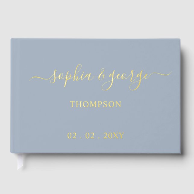 Elegant Modern Dusty Blue Gold Wedding Guest Book (Front)