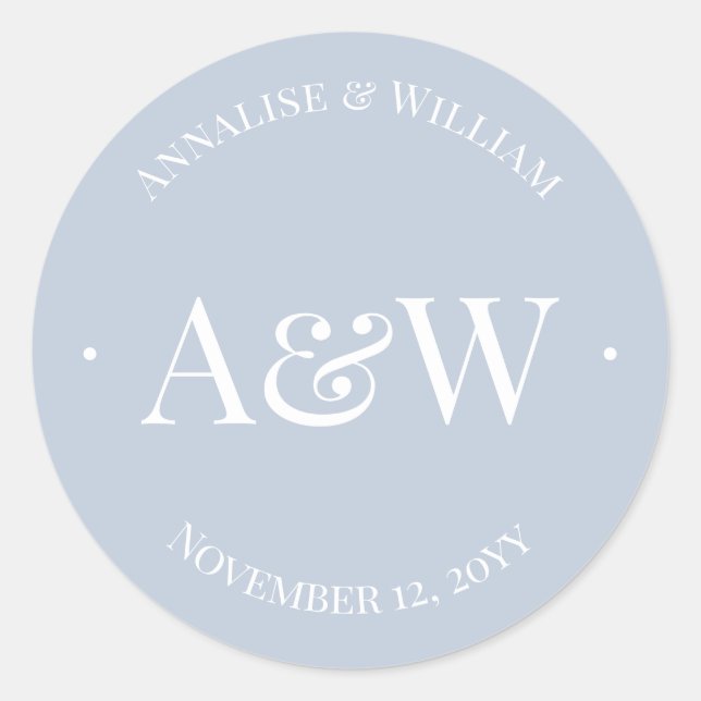 Elegant Modern Dusty Blue Monogram Wedding Classic Round Sticker (Front)