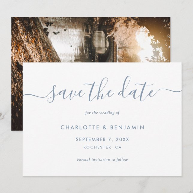 Elegant Modern Dusty Blue Photo Save The Date Card (Front/Back)