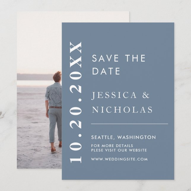 Elegant Modern Dusty Blue Simple Wedding Photo Save The Date (Front/Back)