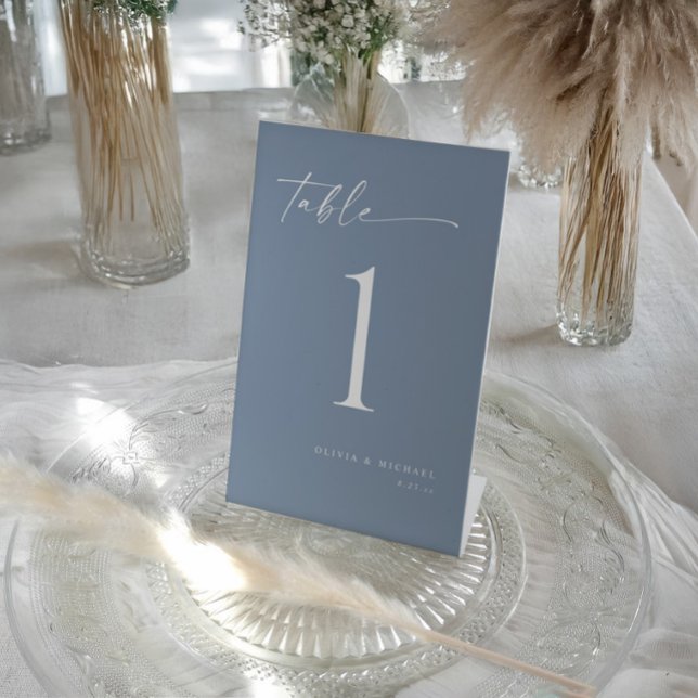 Elegant Modern Dusty Blue Wedding Table Numbers Pedestal Sign (Dusty blue wedding table number card with elegant handwritten script and minimalist design.)