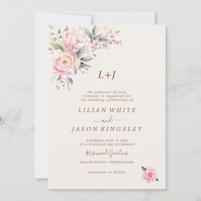 Elegant Modern Dusty Pink Rose Floral All-in-One Invitation (Front)